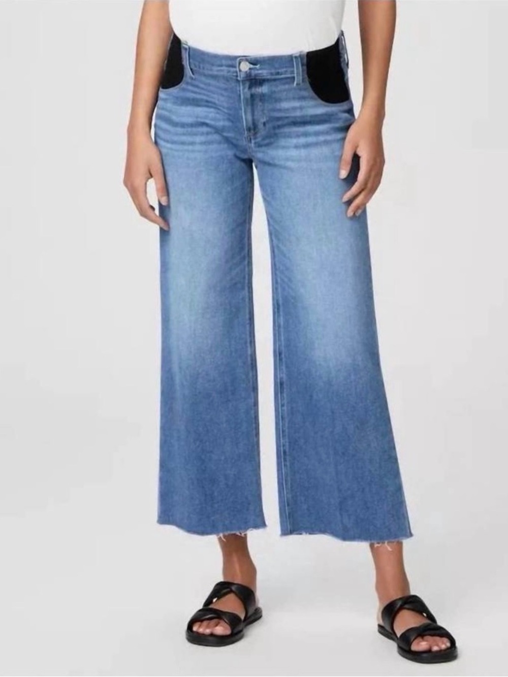 PAIGE Anessa Wide Leg Maternity Jeans Mesmerize Raw Hem Side Elastic EUC 29